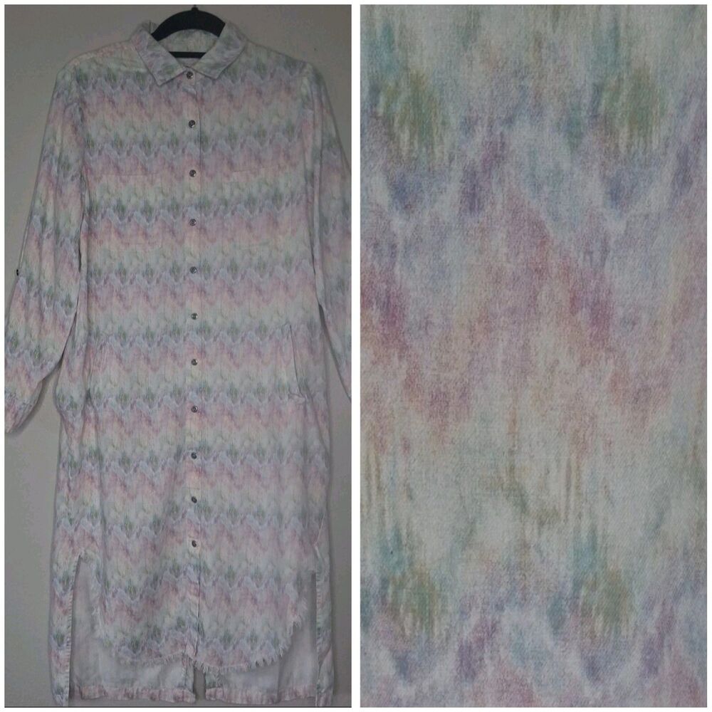 Billy T Linen Lyocell Tunic Shirtdress Pastel Colored Print High Low Raw Hem XS